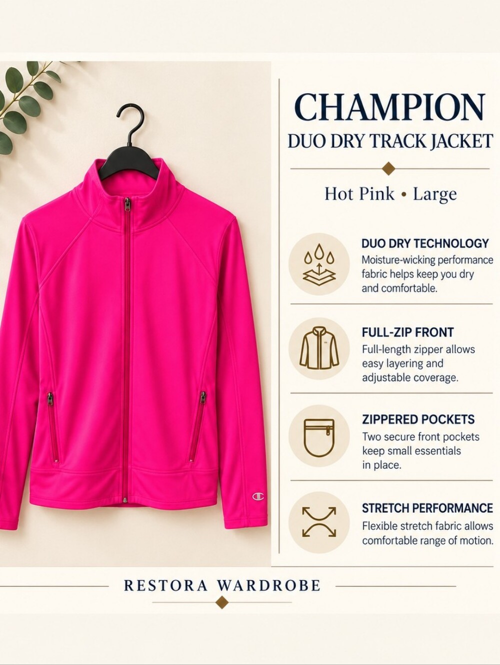 Champion Duo Dry Track Jacket Hot Pink Full Zip Thumbholes L Athleisure